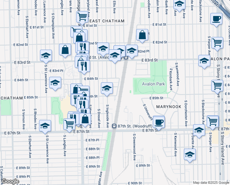 map of restaurants, bars, coffee shops, grocery stores, and more near 956 East 85th Street in Chicago