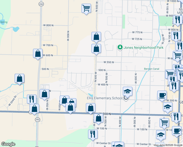map of restaurants, bars, coffee shops, grocery stores, and more near 472 North 630 West in Logan