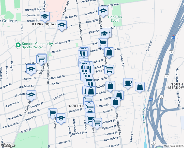 map of restaurants, bars, coffee shops, grocery stores, and more near 57 Bliss Street in Hartford