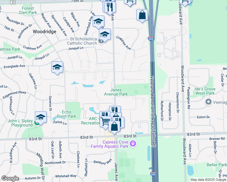 map of restaurants, bars, coffee shops, grocery stores, and more near 8030 Janes Avenue in Woodridge