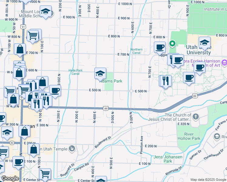 map of restaurants, bars, coffee shops, grocery stores, and more near 499 North 500 East in Logan
