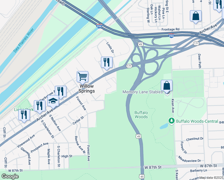 map of restaurants, bars, coffee shops, grocery stores, and more near 200 Willow Lane in Willow Springs