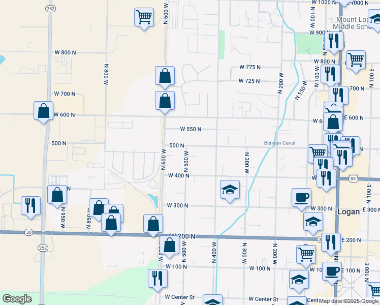 map of restaurants, bars, coffee shops, grocery stores, and more near 480 North 500 West in Logan