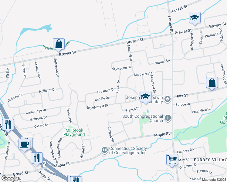 map of restaurants, bars, coffee shops, grocery stores, and more near 97 Crescent Drive in East Hartford