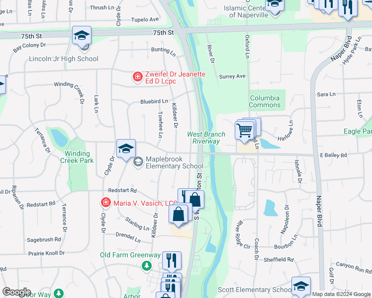 map of restaurants, bars, coffee shops, grocery stores, and more near 9 79th Street in Naperville