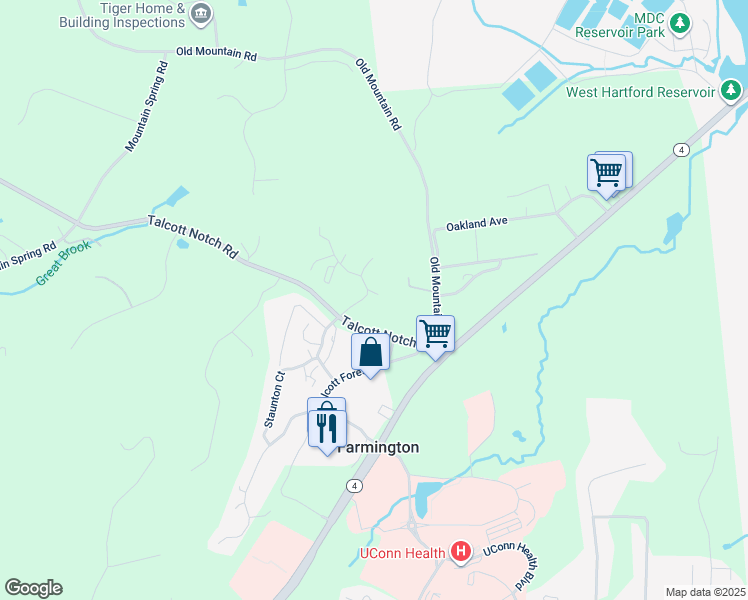 map of restaurants, bars, coffee shops, grocery stores, and more near 3 Talcott Glen Road in Farmington