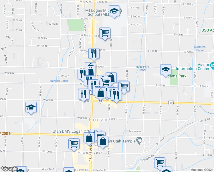 map of restaurants, bars, coffee shops, grocery stores, and more near 495 North 100 East in Logan