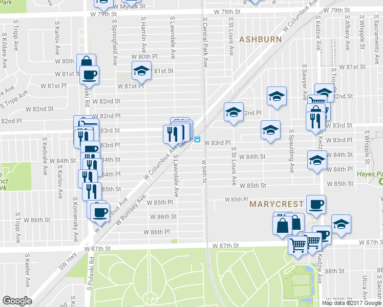 map of restaurants, bars, coffee shops, grocery stores, and more near 3624 West 84th Street in Chicago