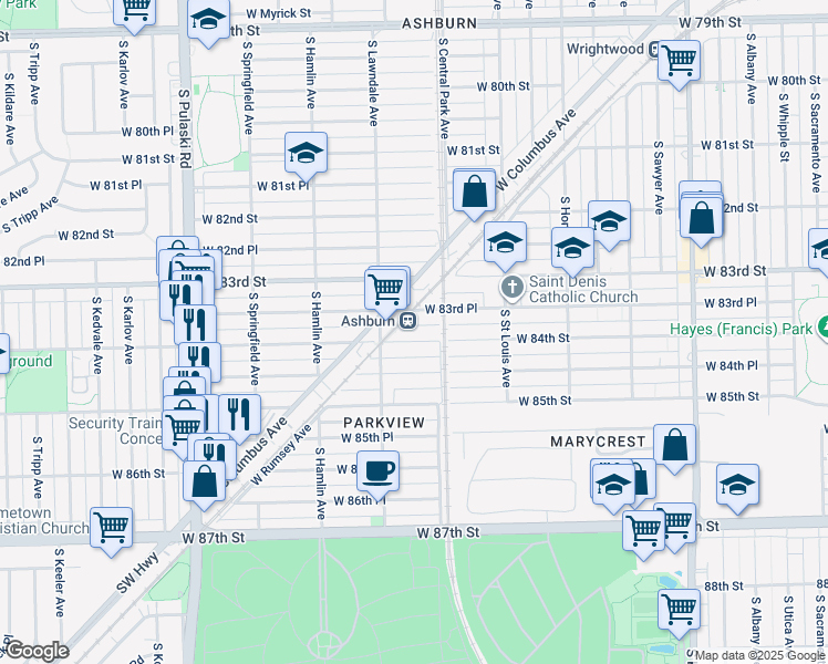 map of restaurants, bars, coffee shops, grocery stores, and more near 3624 West 84th Street in Chicago