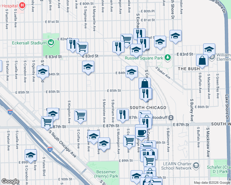map of restaurants, bars, coffee shops, grocery stores, and more near 8512 South Burnham Avenue in Chicago