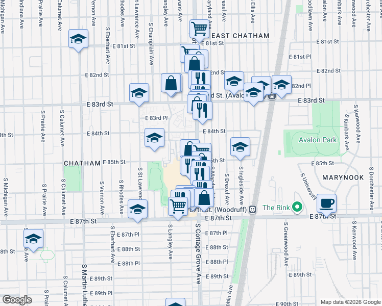 map of restaurants, bars, coffee shops, grocery stores, and more near 747 East 84th Place in Chicago