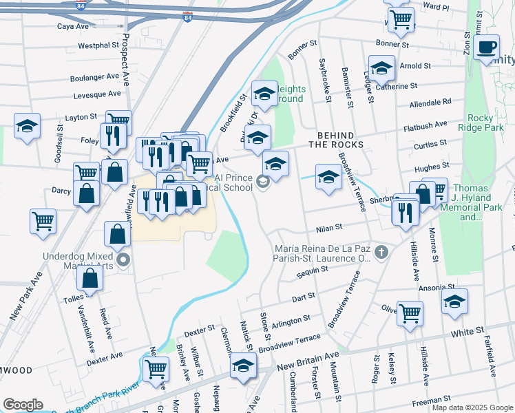 map of restaurants, bars, coffee shops, grocery stores, and more near 500 Brookfield Street in Hartford