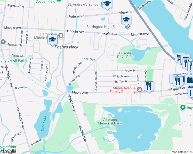 map of restaurants, bars, coffee shops, grocery stores, and more near 88 Barrington Avenue in Barrington