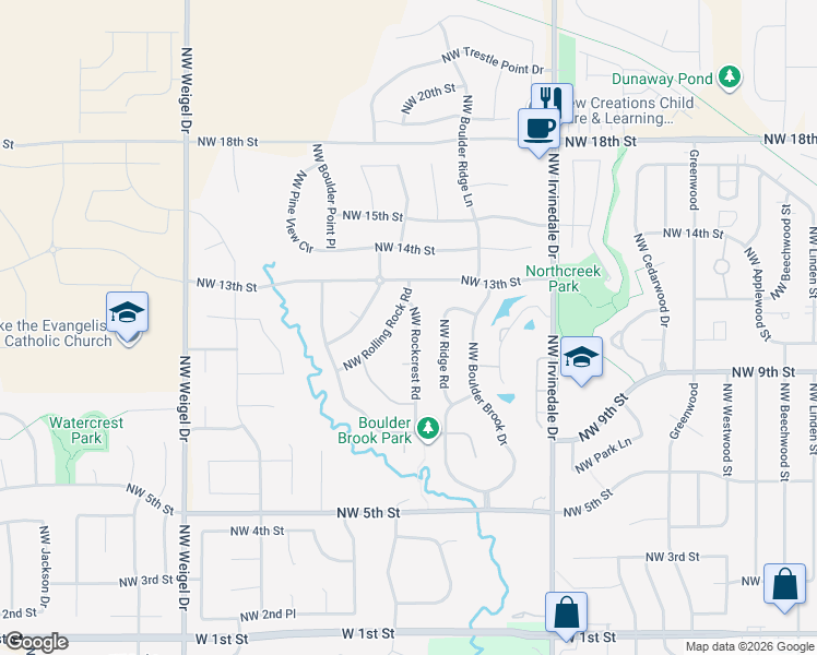 map of restaurants, bars, coffee shops, grocery stores, and more near 1014 Northwest Rockcrest Road in Ankeny