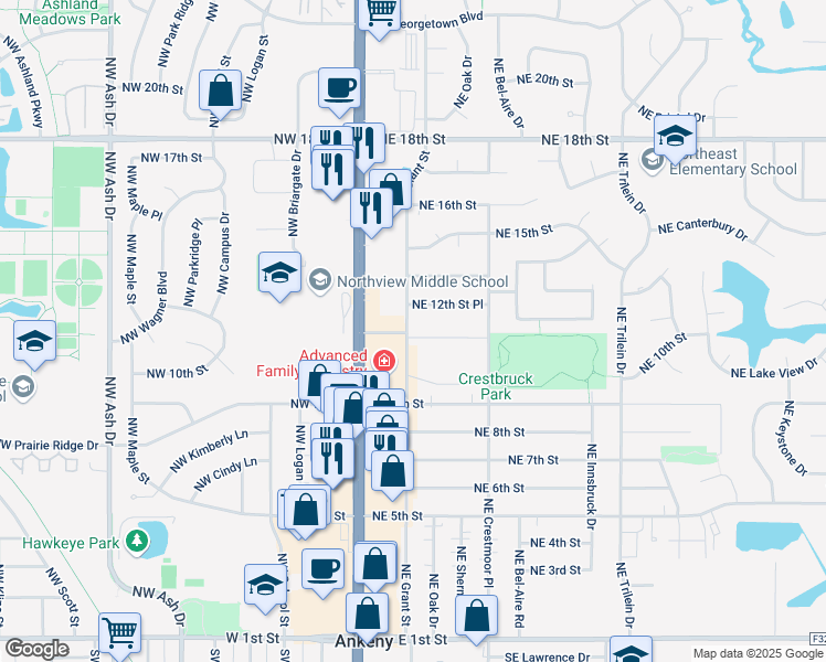 map of restaurants, bars, coffee shops, grocery stores, and more near 217 Northeast 12th Street Place in Ankeny
