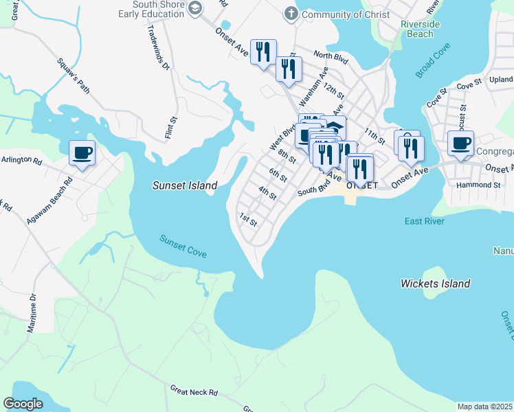 map of restaurants, bars, coffee shops, grocery stores, and more near 67 Longwood Avenue in Wareham