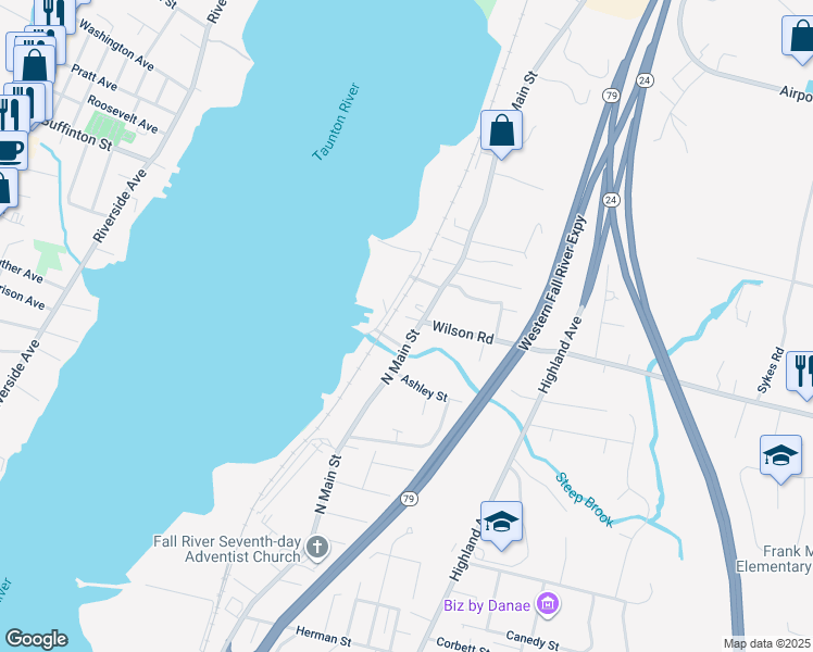 map of restaurants, bars, coffee shops, grocery stores, and more near 3228 North Main Street in Fall River