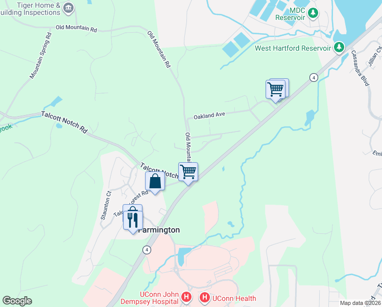 map of restaurants, bars, coffee shops, grocery stores, and more near 2 Timberline Drive in Farmington