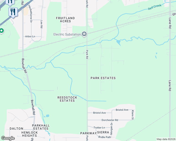 map of restaurants, bars, coffee shops, grocery stores, and more near 495 Park Road in Painesville