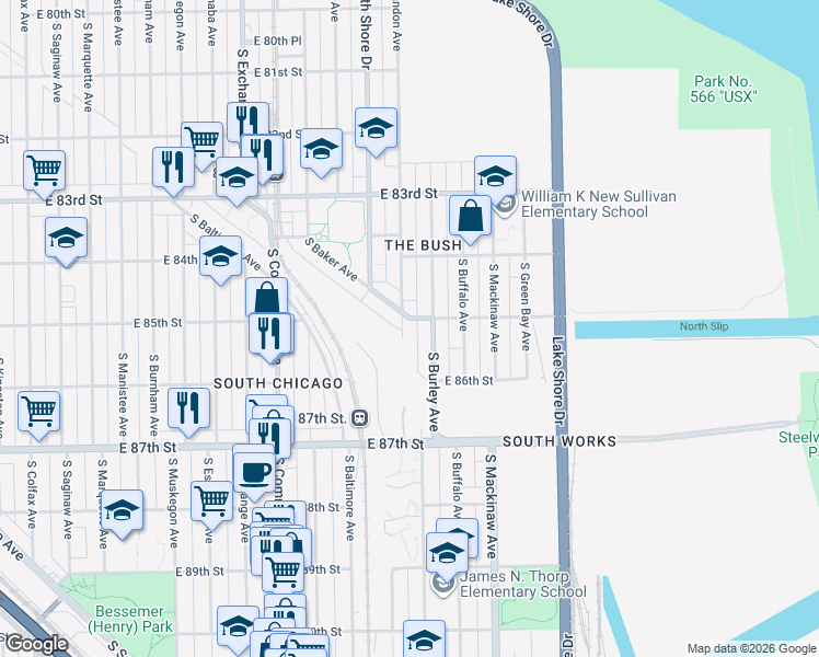 map of restaurants, bars, coffee shops, grocery stores, and more near 8519 South Brandon Avenue in Chicago