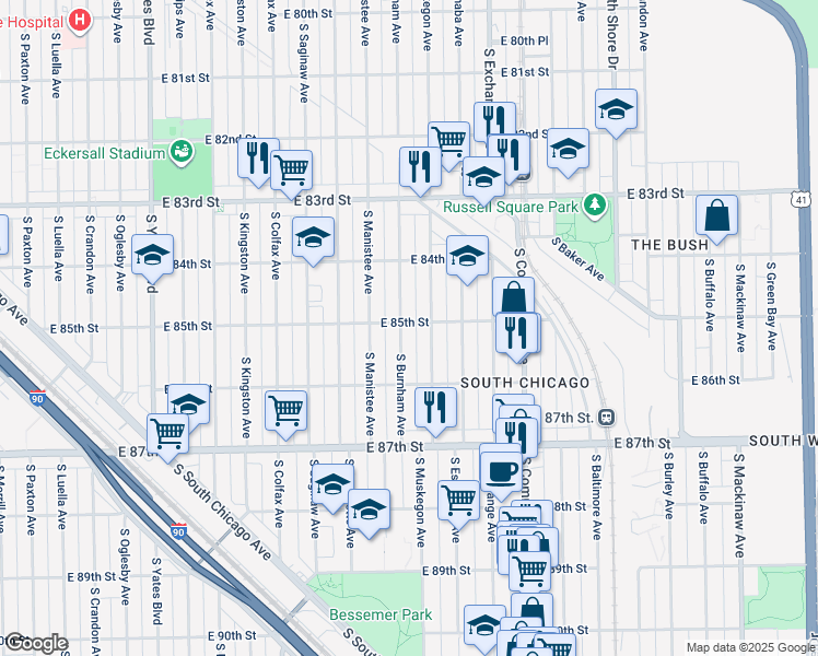 map of restaurants, bars, coffee shops, grocery stores, and more near 8512 South Burnham Avenue in Chicago