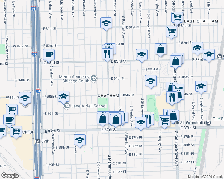 map of restaurants, bars, coffee shops, grocery stores, and more near 8450 South Vernon Avenue in Chicago