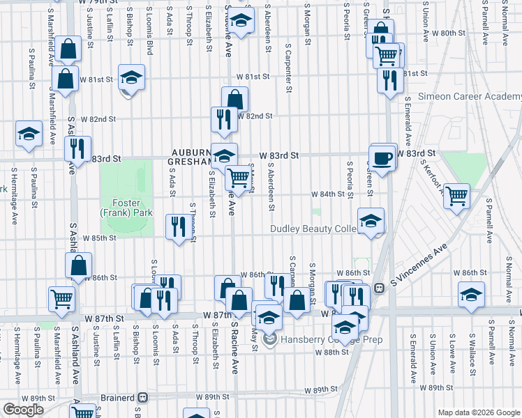 map of restaurants, bars, coffee shops, grocery stores, and more near 8436 South Aberdeen Street in Chicago