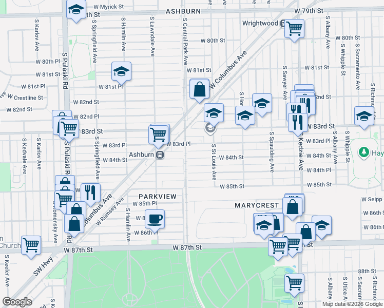 map of restaurants, bars, coffee shops, grocery stores, and more near 3533 West 84th Street in Chicago