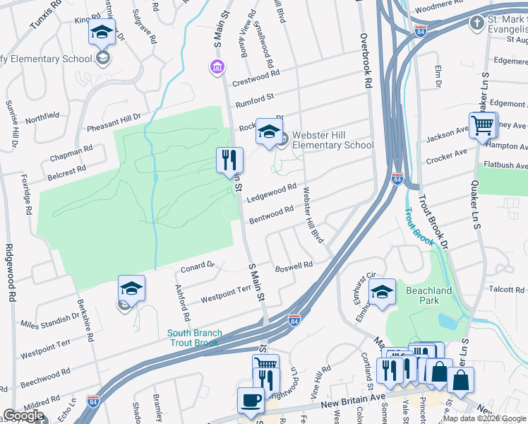 map of restaurants, bars, coffee shops, grocery stores, and more near 97 Bentwood Road in West Hartford
