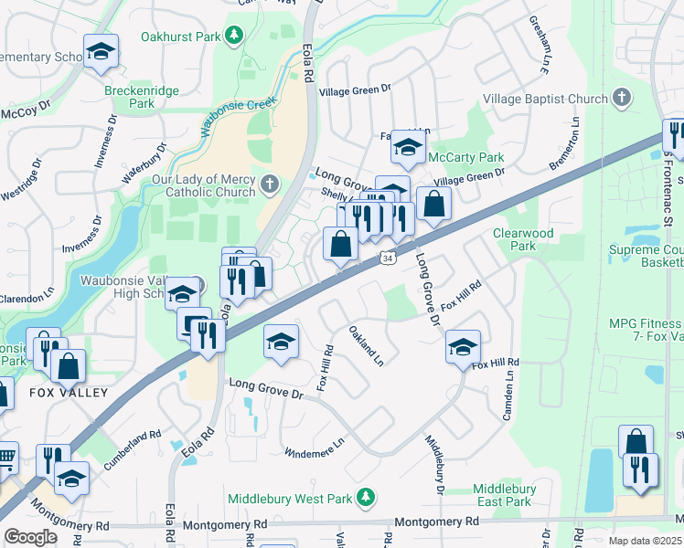 map of restaurants, bars, coffee shops, grocery stores, and more near 2800 Ogden Avenue in Aurora