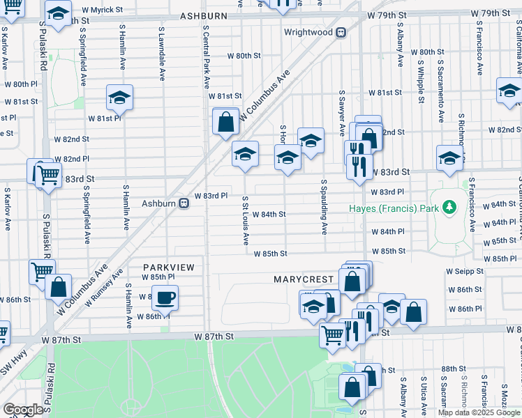 map of restaurants, bars, coffee shops, grocery stores, and more near 3423 West 84th Street in Chicago
