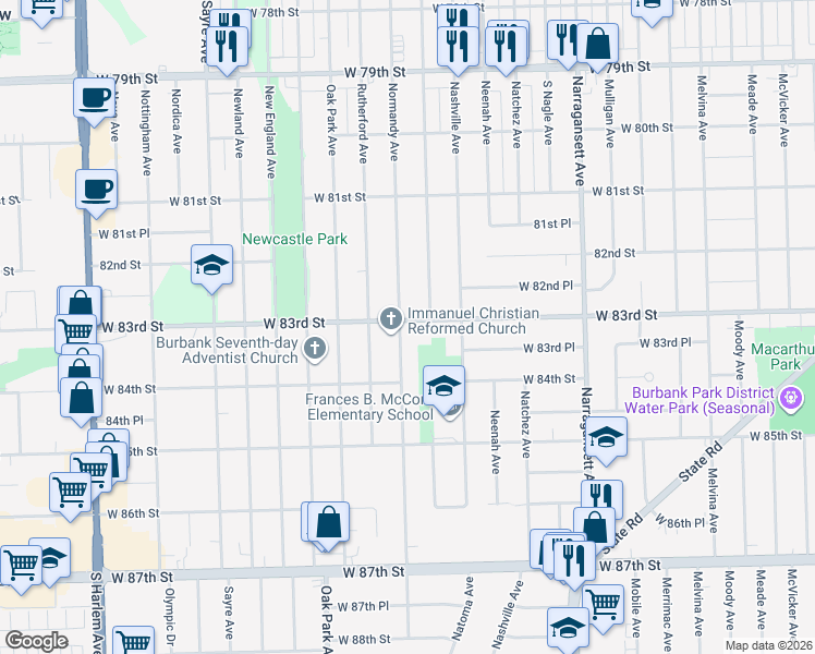map of restaurants, bars, coffee shops, grocery stores, and more near 8302 Normandy Avenue in Burbank