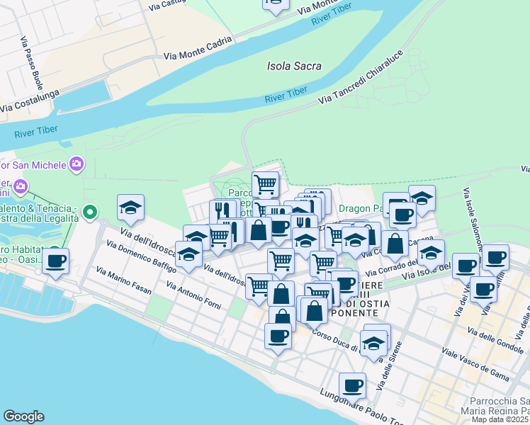 map of restaurants, bars, coffee shops, grocery stores, and more near 67 Via dell'Appagliatore in Lido di Ostia