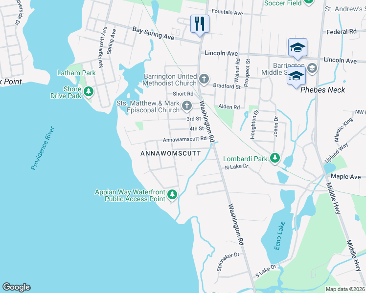 map of restaurants, bars, coffee shops, grocery stores, and more near 7 6th Street in Barrington