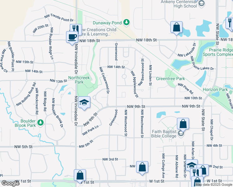 map of restaurants, bars, coffee shops, grocery stores, and more near 1093 Greenwood in Ankeny