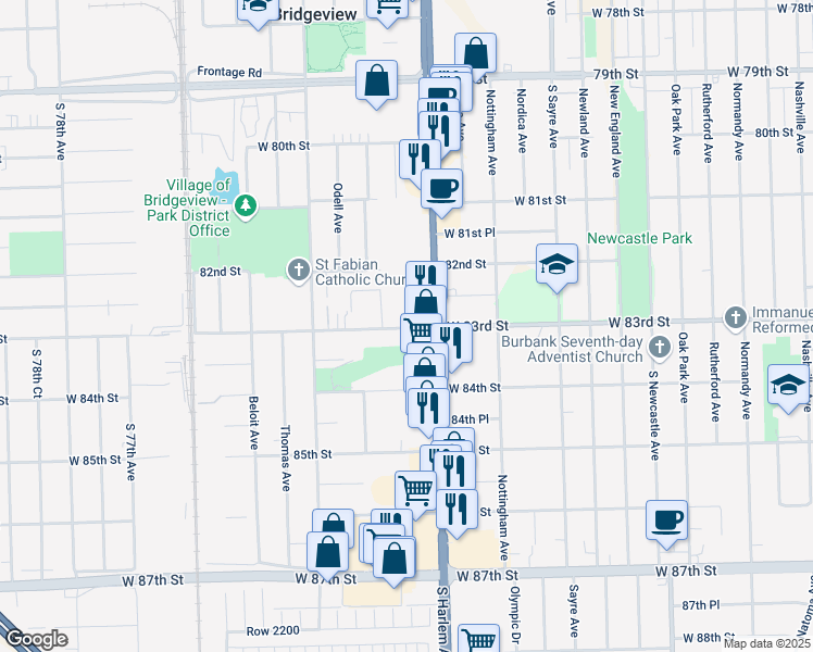 map of restaurants, bars, coffee shops, grocery stores, and more near 7245 West 83rd Street in Bridgeview