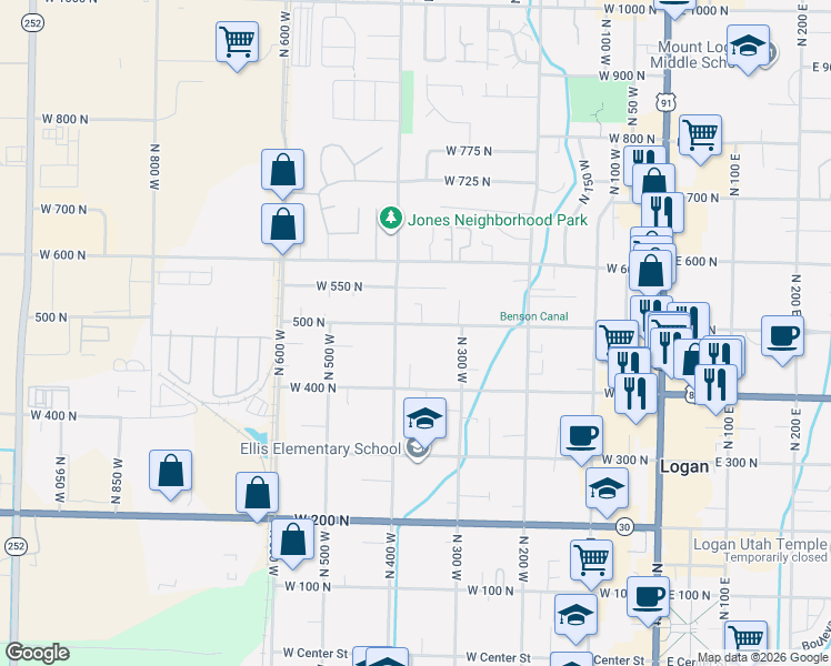 map of restaurants, bars, coffee shops, grocery stores, and more near 374 West 500 North in Logan