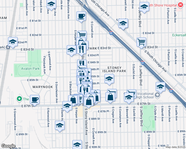 map of restaurants, bars, coffee shops, grocery stores, and more near 1630 East 85th Street in Chicago