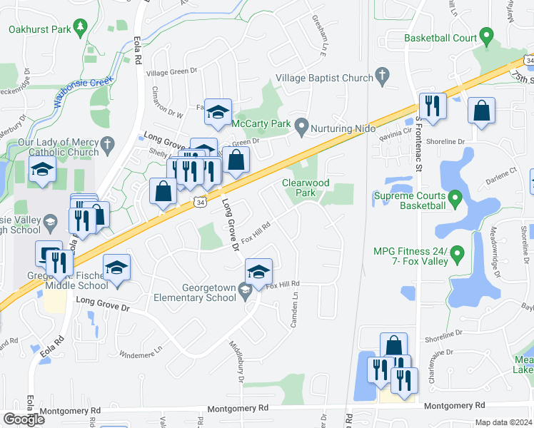 map of restaurants, bars, coffee shops, grocery stores, and more near 830 Bloomfield Lane in Aurora