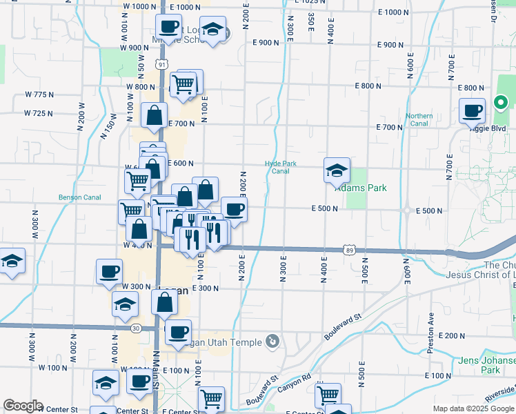 map of restaurants, bars, coffee shops, grocery stores, and more near 226 East 500 North in Logan