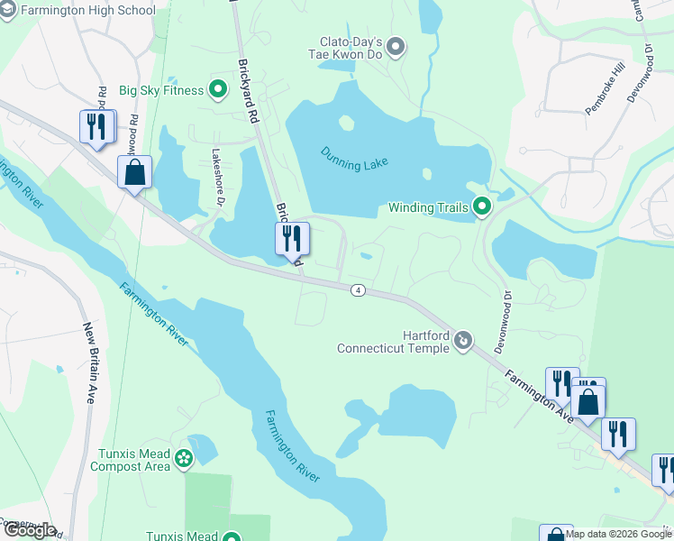 map of restaurants, bars, coffee shops, grocery stores, and more near 1232 Farmington Avenue in Farmington