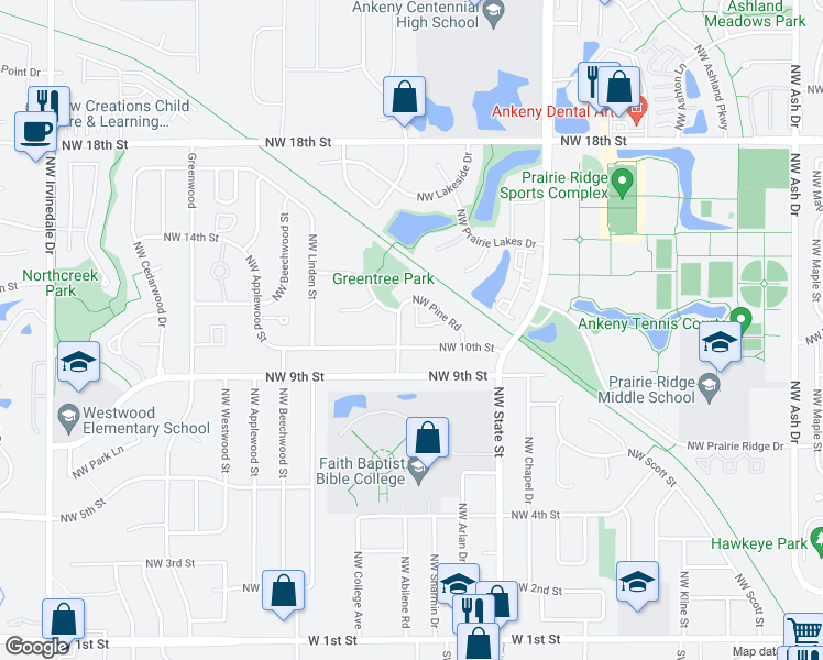 map of restaurants, bars, coffee shops, grocery stores, and more near 1805 Northwest Pine Road in Ankeny