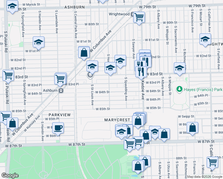 map of restaurants, bars, coffee shops, grocery stores, and more near 3349 West 84th Street in Chicago