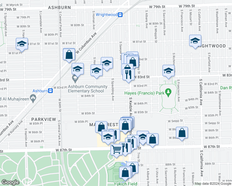 map of restaurants, bars, coffee shops, grocery stores, and more near 3250 West 84th Street in Chicago