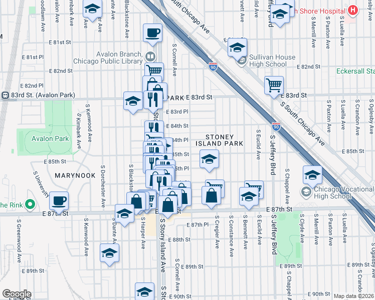 map of restaurants, bars, coffee shops, grocery stores, and more near 8450 South East End Avenue in Chicago