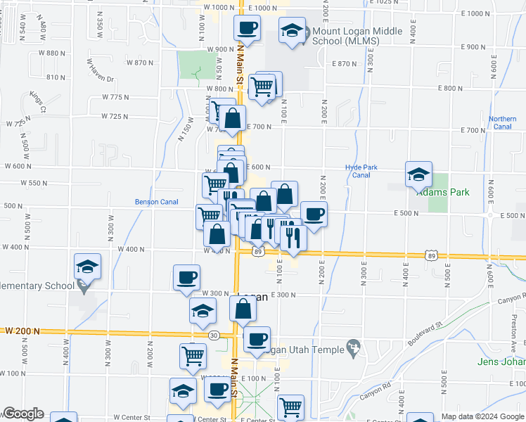 map of restaurants, bars, coffee shops, grocery stores, and more near 495 North 100 East in Logan