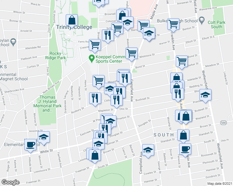 map of restaurants, bars, coffee shops, grocery stores, and more near 722 Maple Avenue in Hartford