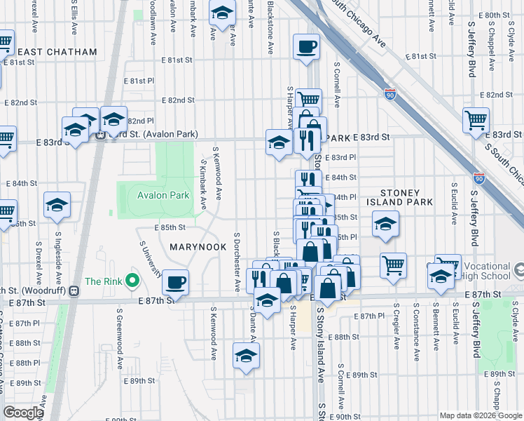 map of restaurants, bars, coffee shops, grocery stores, and more near 8500 South Dante Avenue in Chicago