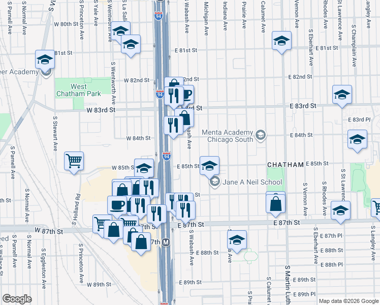 map of restaurants, bars, coffee shops, grocery stores, and more near 8447 South Wabash Avenue in Chicago