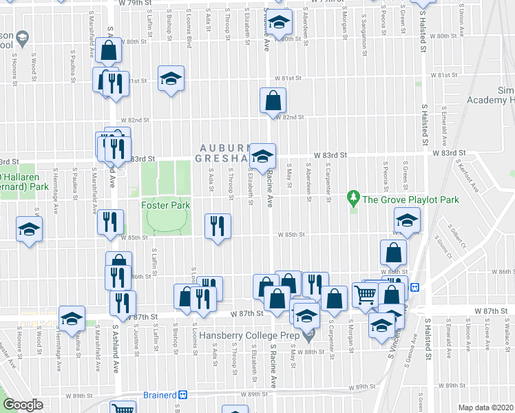 map of restaurants, bars, coffee shops, grocery stores, and more near 8429 South Elizabeth Street in Chicago